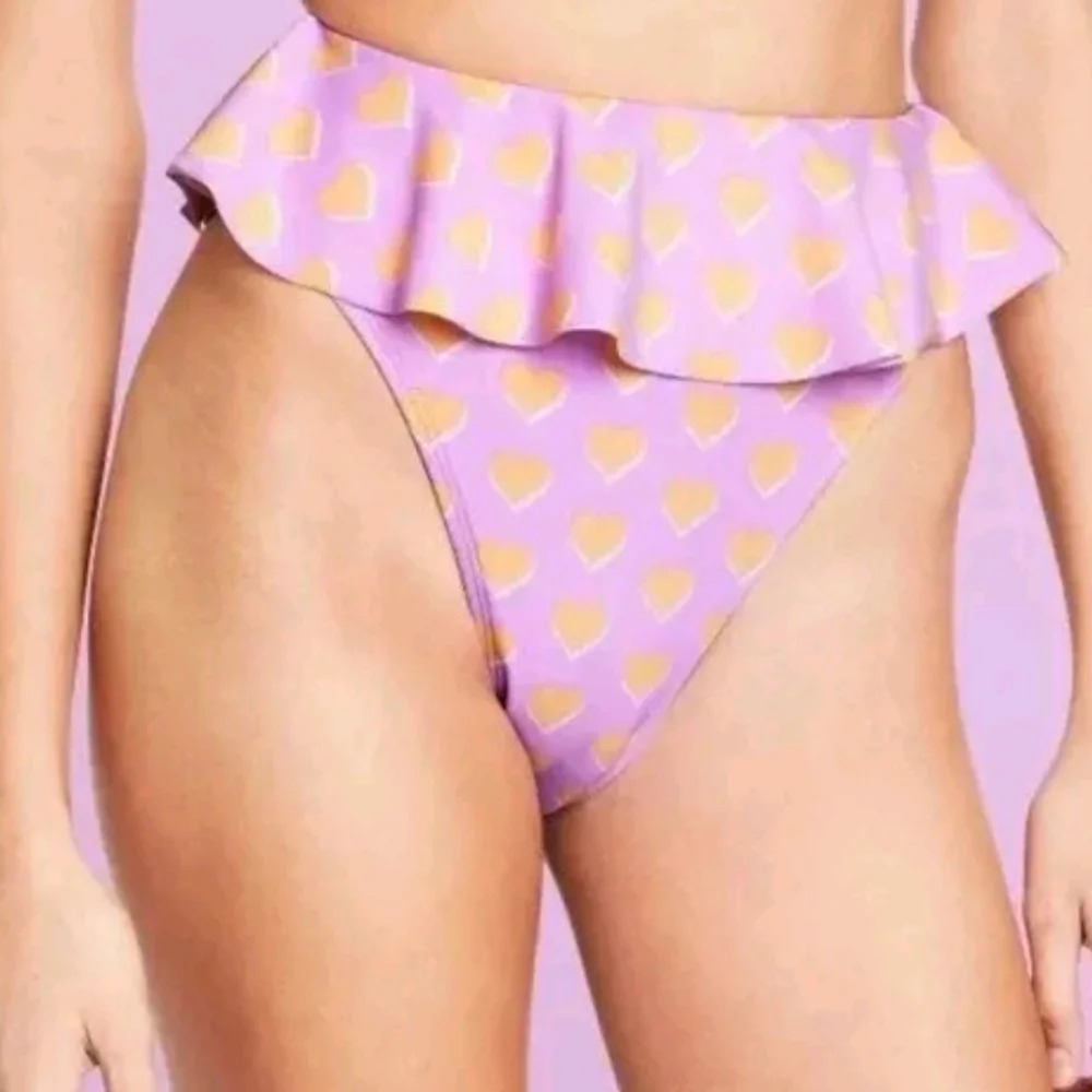 Stoney Clover Lane Hearts Print High Waisted Ruffle Bikini Swim Bottoms S